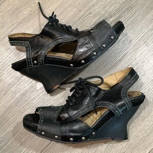 DKode Black Leather & Suede Wedge Lace-Up Peep Toe Pumps size 39 = 9